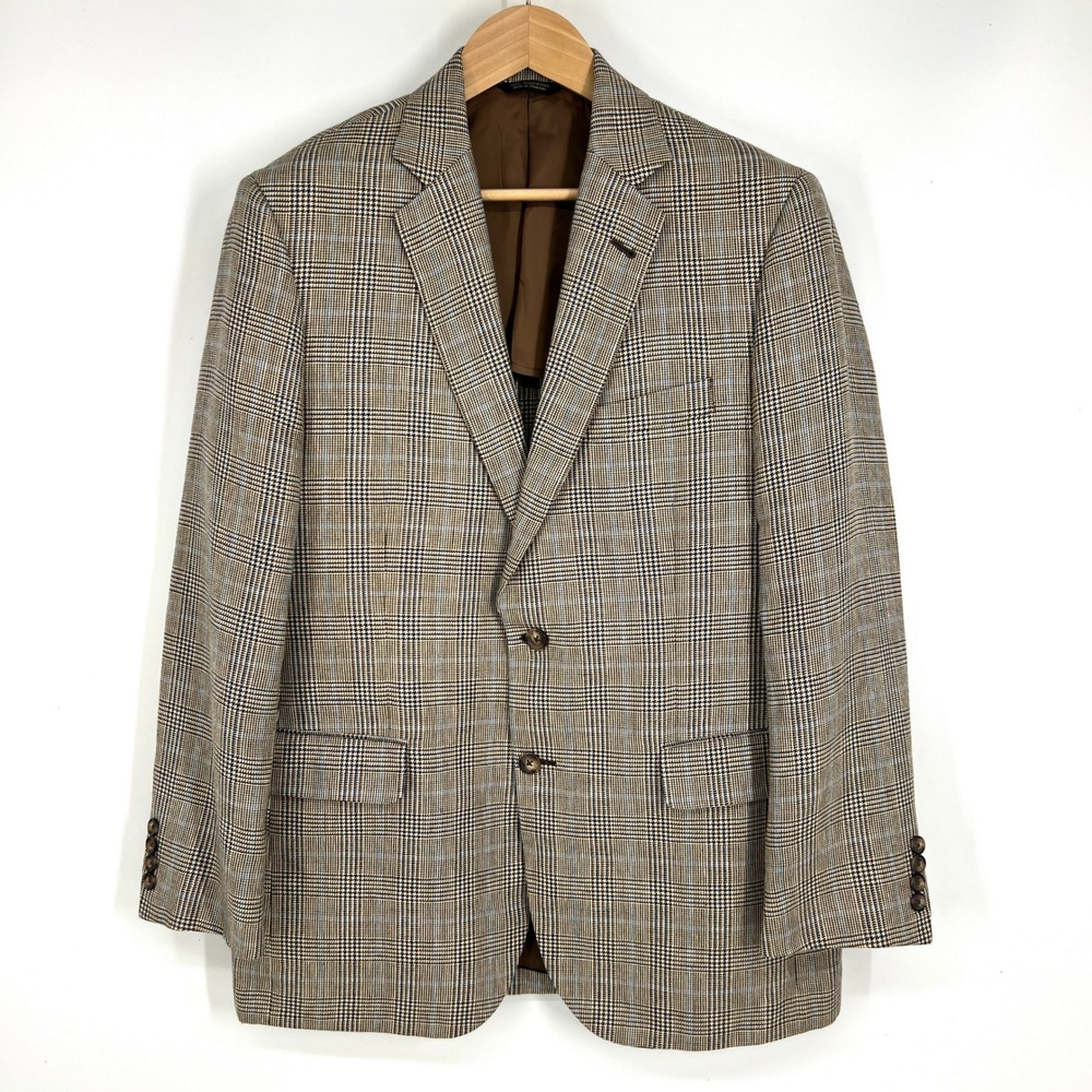 Brooks Brothers 1818 Madison Silk Wool Glen Plaid Blazer Sport Coat 41R Brown